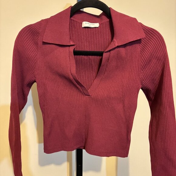 Aritzia Babaton Excerpt Sculpt Knit Polo Ribbed Long Sleeve Crop Top Burgundy - Picture 4 of 7